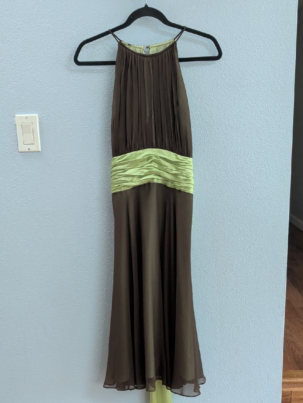 Maggy London Y2K Fairiecore Silk Brown Overlay Pale Lime Silk Midi Dress